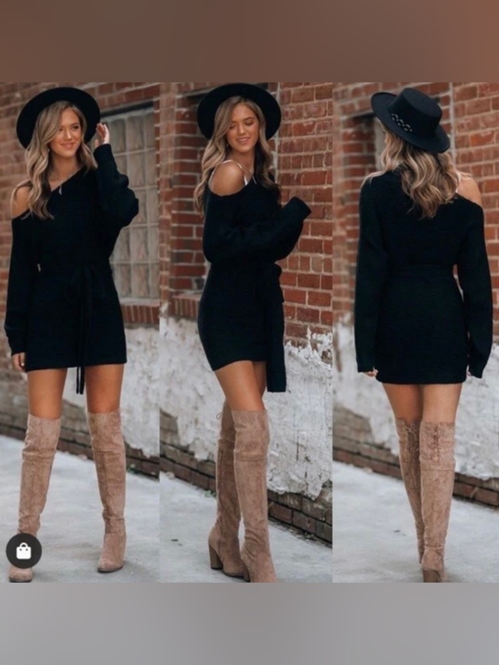 . Warm Hugs Off The Shoulder Black Chunky Knit Belted Mini/Midi Sweater Dress - Picture 4 of 13